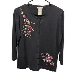 Apostrophe Womens 3D Flower Embroidered Black Cardigan Sweater Sz XL